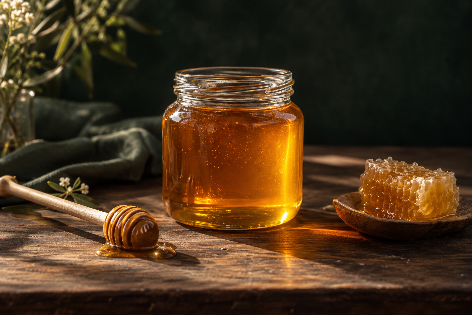 Amber honey in a glass jar beside a wooden honey dipper and honeycomb